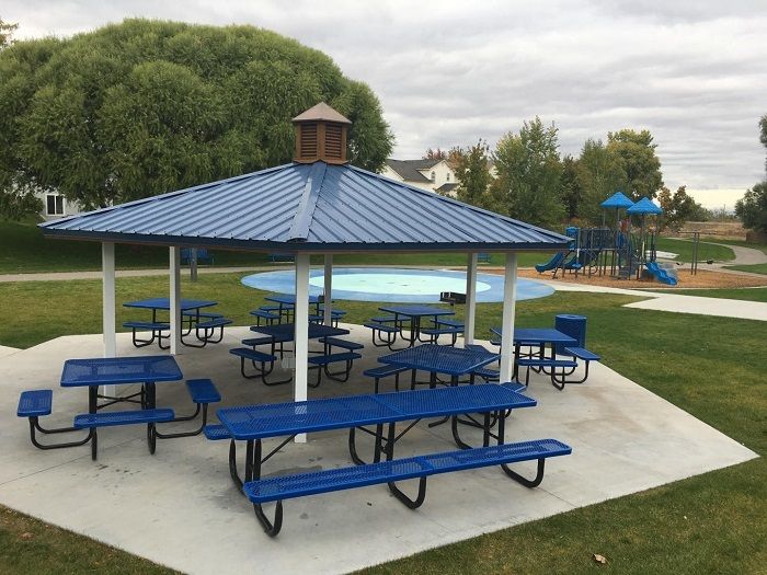 Shaded picnic area amenities at a housing complex